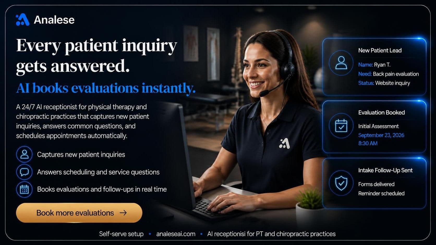 Analese AI receptionist answering a physical therapy or chiropractic phone call